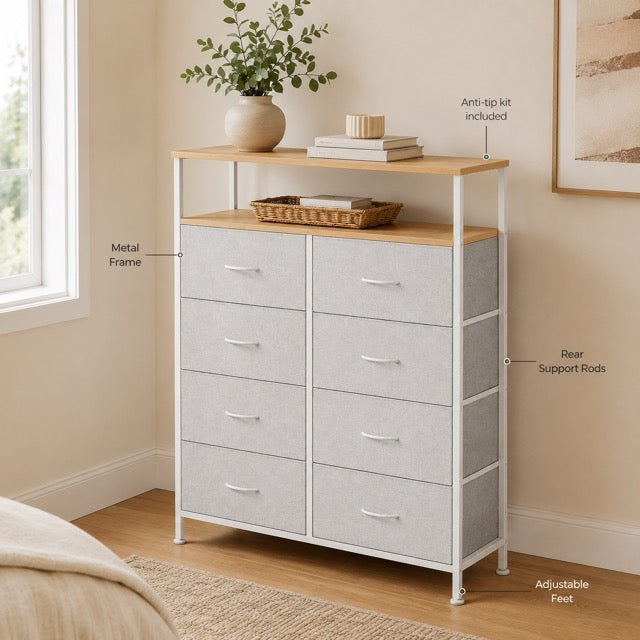 Fabric Dresser with 8 Drawers & Open Shelf – Tall Storage Cabinet for Bedroom & Closet Organization