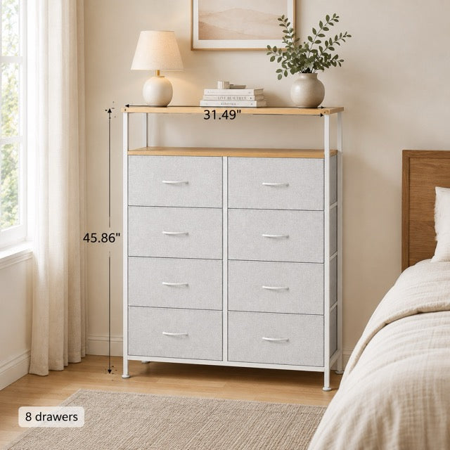 Fabric Dresser with 8 Drawers & Open Shelf – Tall Storage Cabinet for Bedroom & Closet Organization
