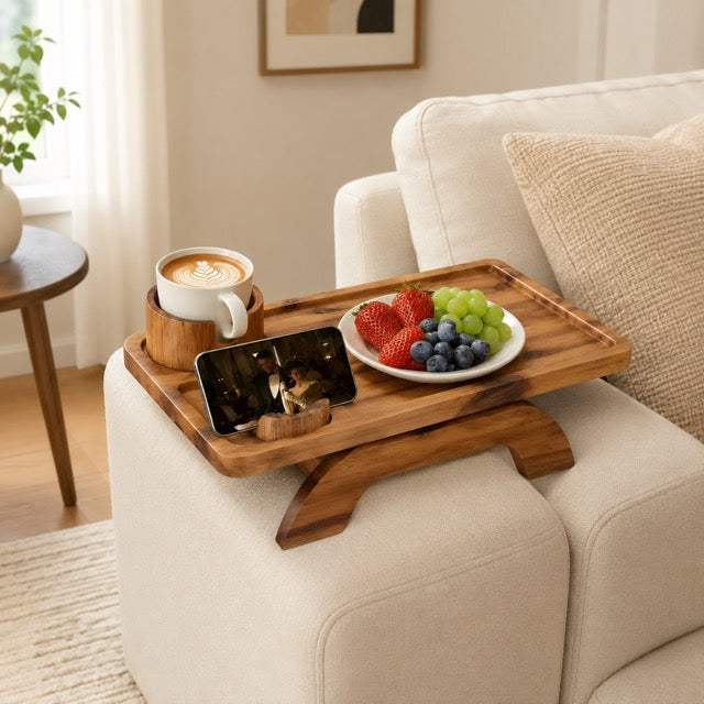 Sofa Armrest Tray with Cup Holder & Phone Stand – 3-in-1 Clip-On Acacia Wood Side Table
