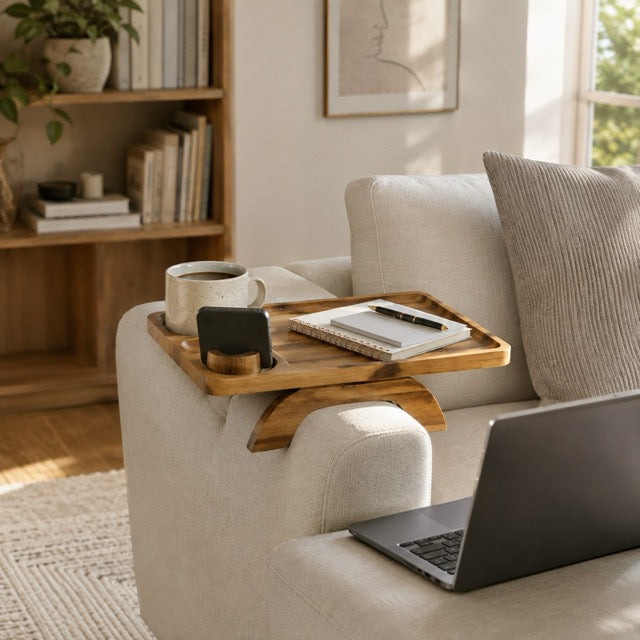 Sofa Armrest Tray with Cup Holder & Phone Stand – 3-in-1 Clip-On Acacia Wood Side Table