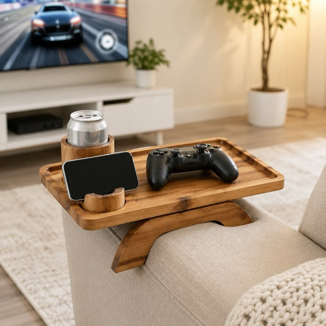 Sofa Armrest Tray with Cup Holder & Phone Stand – 3-in-1 Clip-On Acacia Wood Side Table