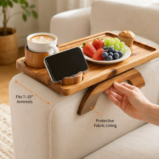 Sofa Armrest Tray with Cup Holder & Phone Stand – 3-in-1 Clip-On Acacia Wood Side Table