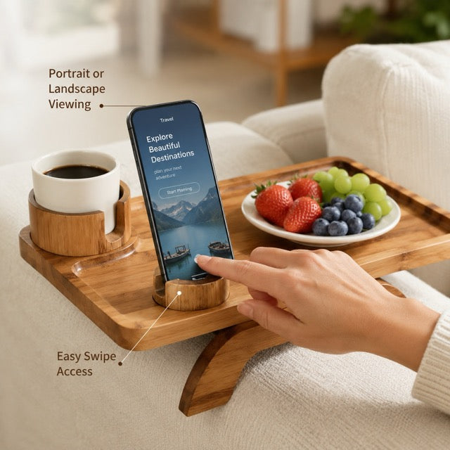 Sofa Armrest Tray with Cup Holder & Phone Stand – 3-in-1 Clip-On Acacia Wood Side Table