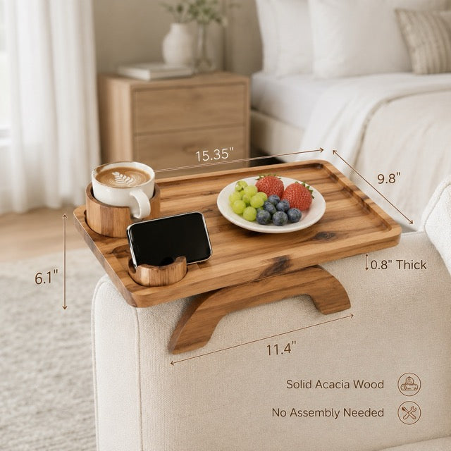 Sofa Armrest Tray with Cup Holder & Phone Stand – 3-in-1 Clip-On Acacia Wood Side Table
