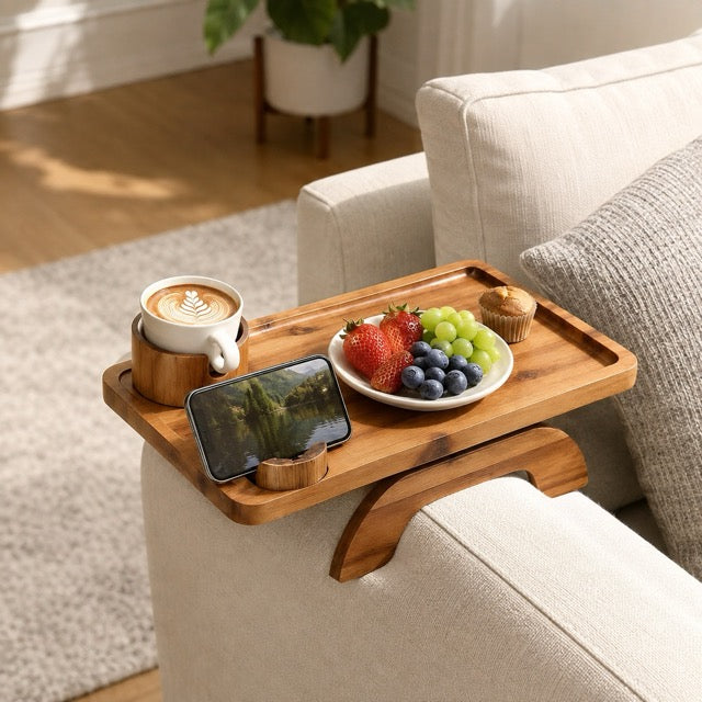 Sofa Armrest Tray with Cup Holder & Phone Stand – 3-in-1 Clip-On Acacia Wood Side Table
