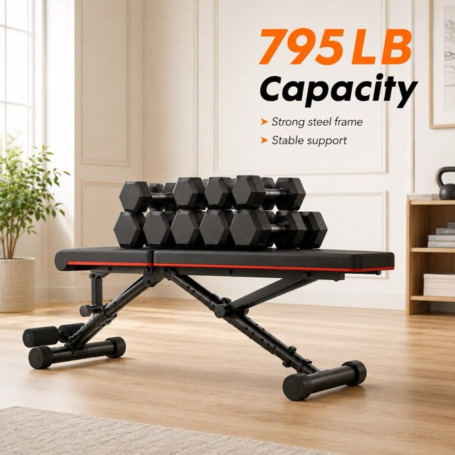 Adjustable Weight Bench – Foldable Workout Bench for Home Gym, 795 lb Capacity, 72 Position Settings