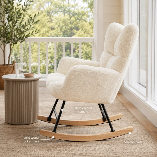 Teddy Upholstered Glider Rocker with High Backrest | Nursery & Living Room Rocking Chair