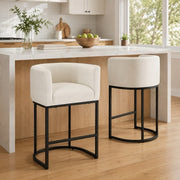 Barrel-Back Bar Chairs with Linen Seat | Mid-Height Island Stools with Metal Sled Base & Footrest