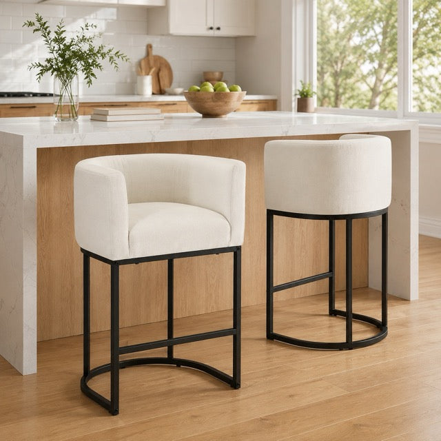 Barrel-Back Bar Chairs with Linen Seat | Mid-Height Island Stools with Metal Sled Base & Footrest