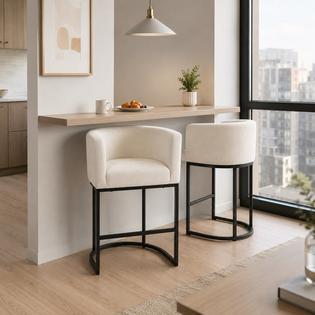 Barrel-Back Bar Chairs with Linen Seat | Mid-Height Island Stools with Metal Sled Base & Footrest
