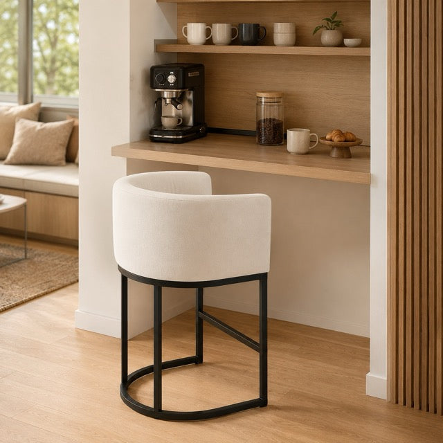 Barrel-Back Bar Chairs with Linen Seat | Mid-Height Island Stools with Metal Sled Base & Footrest