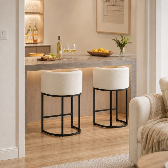 Barrel-Back Bar Chairs with Linen Seat | Mid-Height Island Stools with Metal Sled Base & Footrest