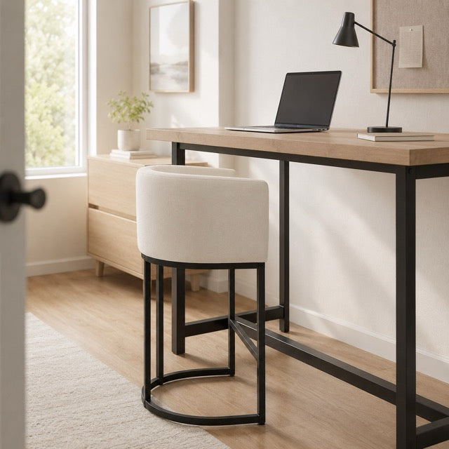 Barrel-Back Bar Chairs with Linen Seat | Mid-Height Island Stools with Metal Sled Base & Footrest