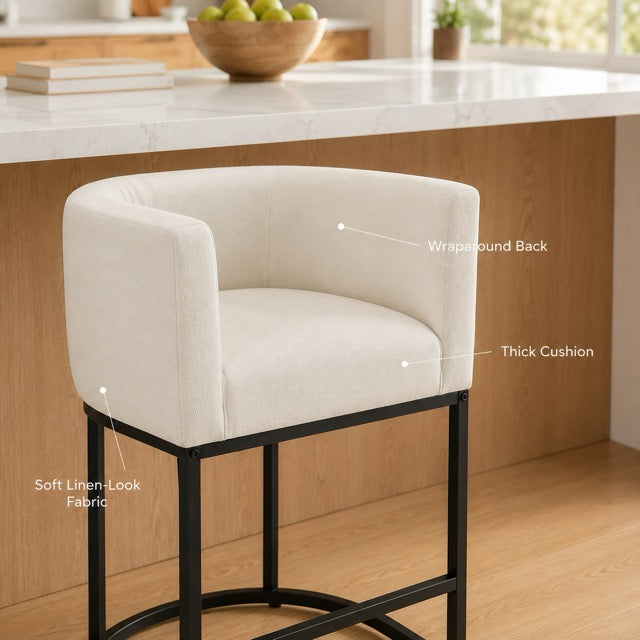 Barrel-Back Bar Chairs with Linen Seat | Mid-Height Island Stools with Metal Sled Base & Footrest