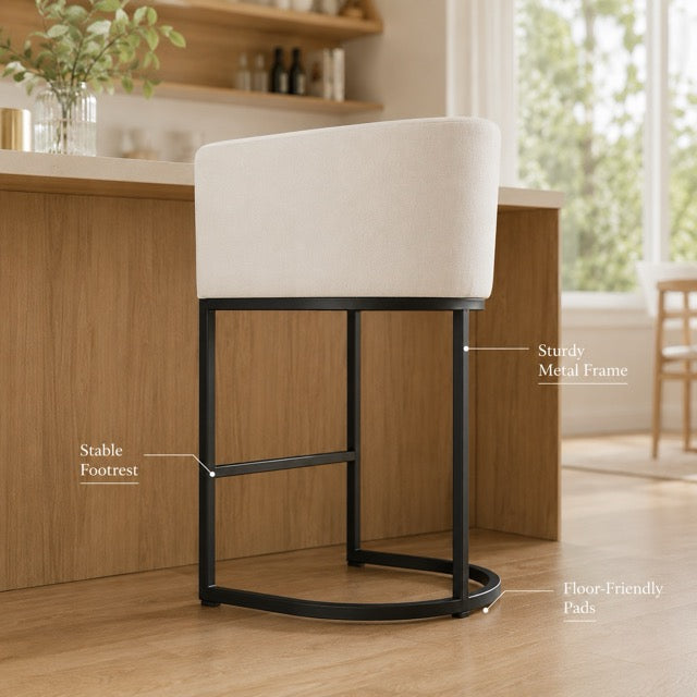 Barrel-Back Bar Chairs with Linen Seat | Mid-Height Island Stools with Metal Sled Base & Footrest