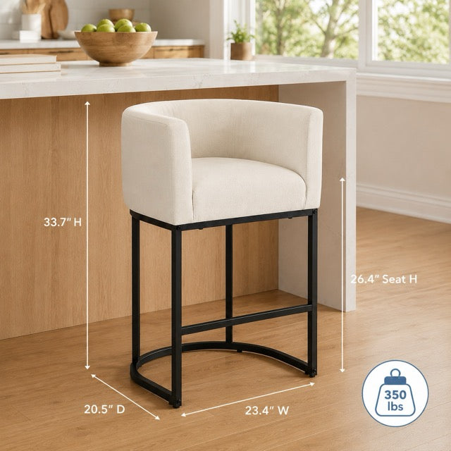 Barrel-Back Bar Chairs with Linen Seat | Mid-Height Island Stools with Metal Sled Base & Footrest