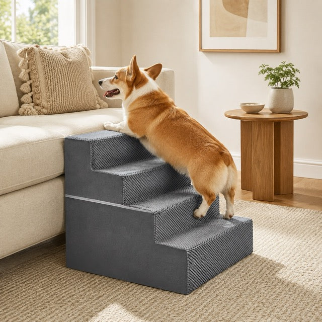 Pet Stairs for Dogs & Cats – Foam Dog Steps with Anti-Slip Base & Washable Cover, 3/4/5 Steps