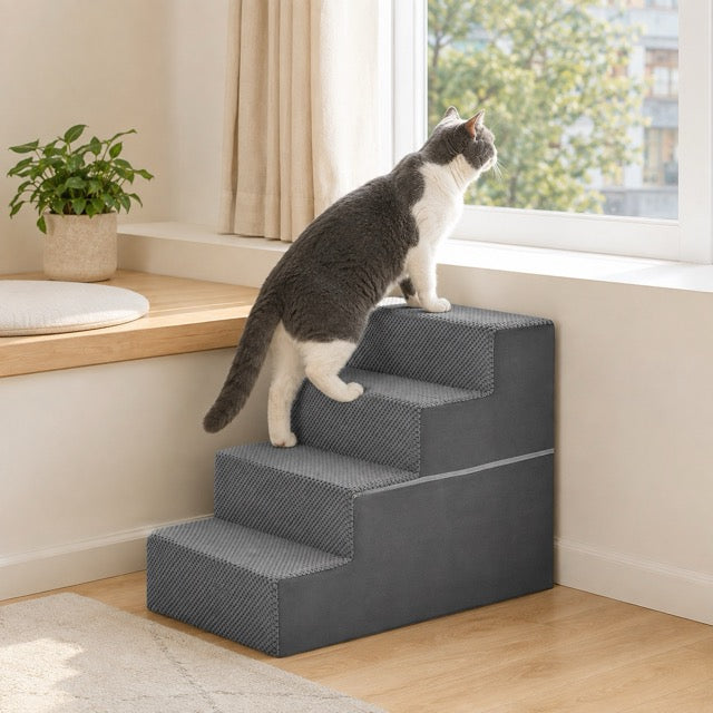 Pet Stairs for Dogs & Cats – Foam Dog Steps with Anti-Slip Base & Washable Cover, 3/4/5 Steps