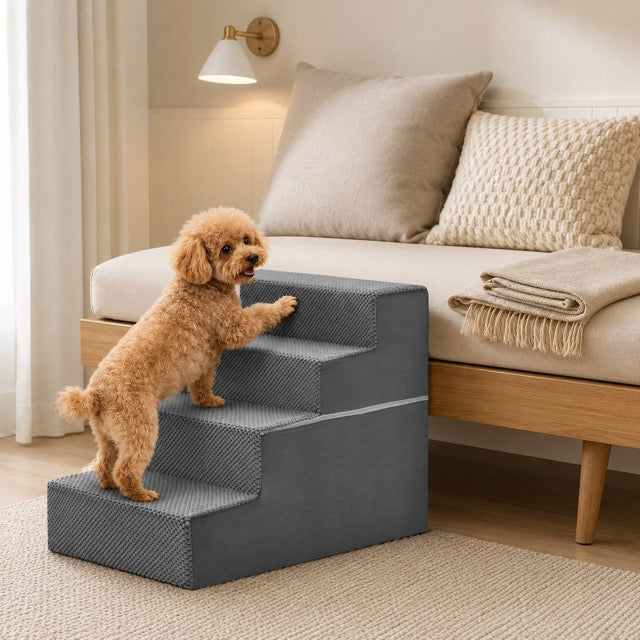 Pet Stairs for Dogs & Cats – Foam Dog Steps with Anti-Slip Base & Washable Cover, 3/4/5 Steps