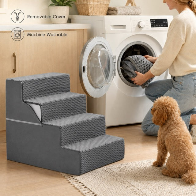 Pet Stairs for Dogs & Cats – Foam Dog Steps with Anti-Slip Base & Washable Cover, 3/4/5 Steps
