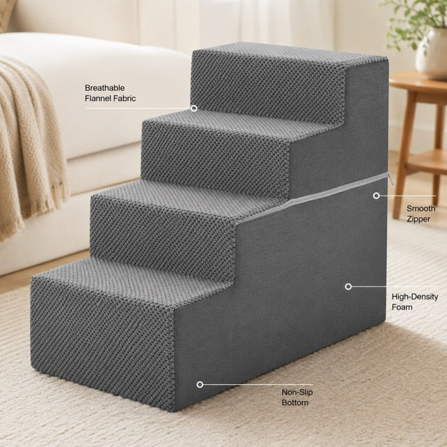 Pet Stairs for Dogs & Cats – Foam Dog Steps with Anti-Slip Base & Washable Cover, 3/4/5 Steps