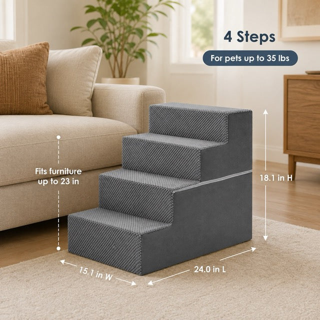 Pet Stairs for Dogs & Cats – Foam Dog Steps with Anti-Slip Base & Washable Cover, 3/4/5 Steps