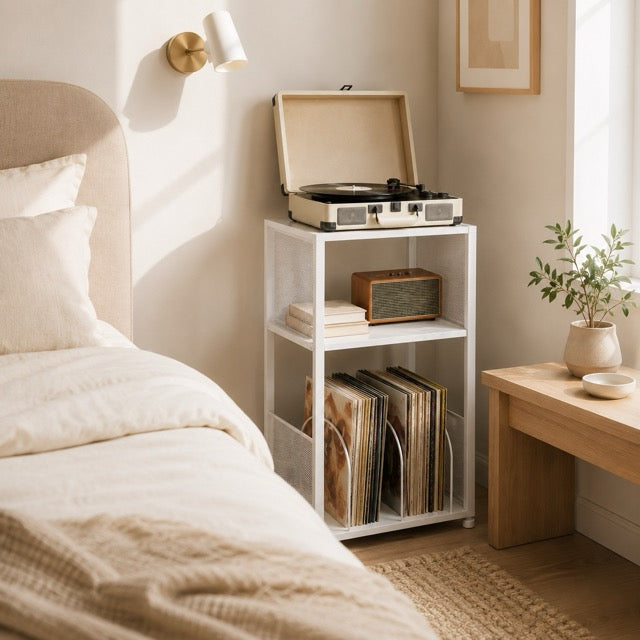 Record Player Stand with Vinyl Storage – 3-Tier Side Table Holds 100+ Records, Retro Wood & Metal