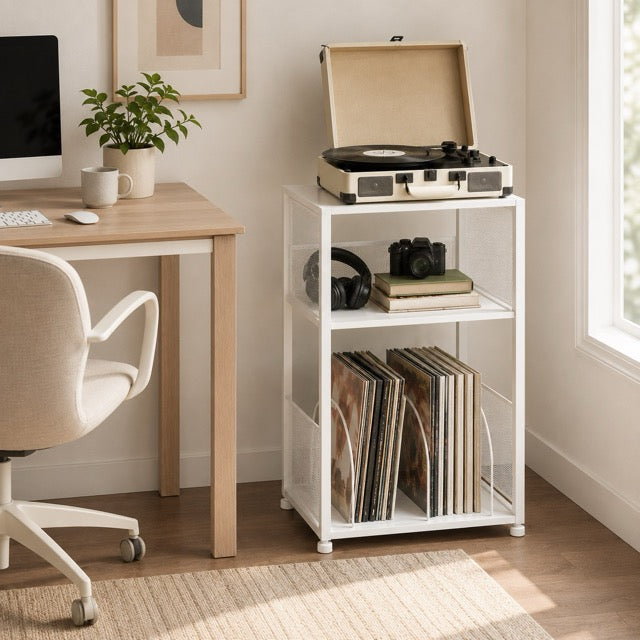Record Player Stand with Vinyl Storage – 3-Tier Side Table Holds 100+ Records, Retro Wood & Metal