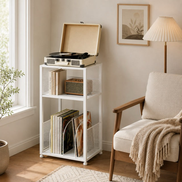 Record Player Stand with Vinyl Storage – 3-Tier Side Table Holds 100+ Records, Retro Wood & Metal