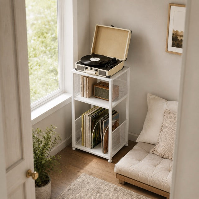 Record Player Stand with Vinyl Storage – 3-Tier Side Table Holds 100+ Records, Retro Wood & Metal