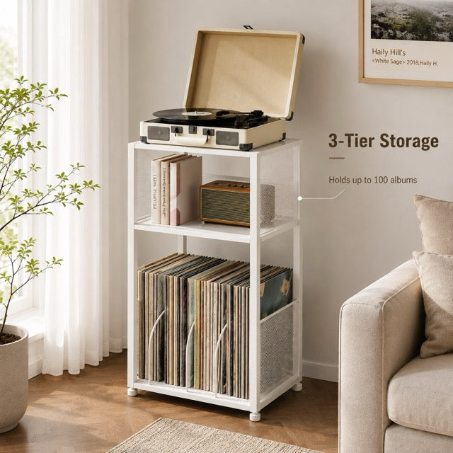 Record Player Stand with Vinyl Storage – 3-Tier Side Table Holds 100+ Records, Retro Wood & Metal
