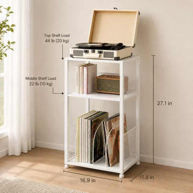 Record Player Stand with Vinyl Storage – 3-Tier Side Table Holds 100+ Records, Retro Wood & Metal