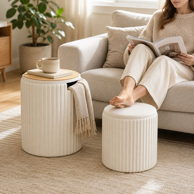 Round Storage Ottoman Set of 2 – Velvet Stackable Footstool with Lid, Dressing Stool & Coffee Table