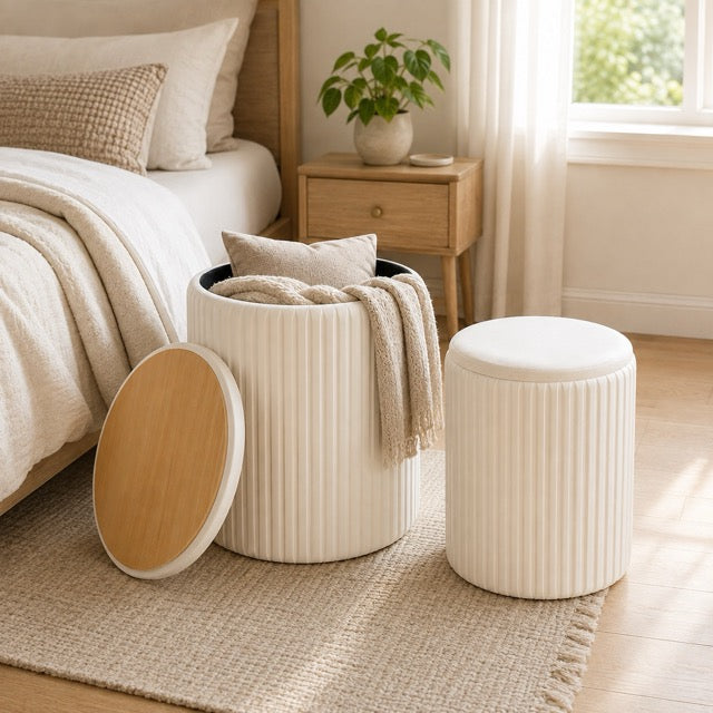 Round Storage Ottoman Set of 2 – Velvet Stackable Footstool with Lid, Dressing Stool & Coffee Table