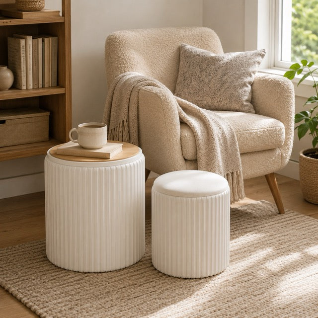 Round Storage Ottoman Set of 2 – Velvet Stackable Footstool with Lid, Dressing Stool & Coffee Table