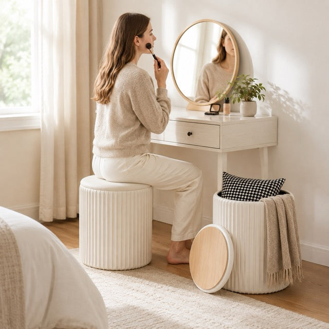 Round Storage Ottoman Set of 2 – Velvet Stackable Footstool with Lid, Dressing Stool & Coffee Table