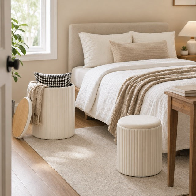 Round Storage Ottoman Set of 2 – Velvet Stackable Footstool with Lid, Dressing Stool & Coffee Table