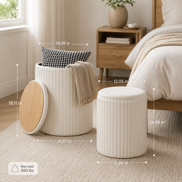 Round Storage Ottoman Set of 2 – Velvet Stackable Footstool with Lid, Dressing Stool & Coffee Table