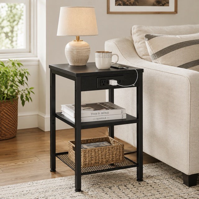 15.7" Side Table with Charging Station – 3-Tier Adjustable Bedside Table with AC Outlets, USB & Type-C
