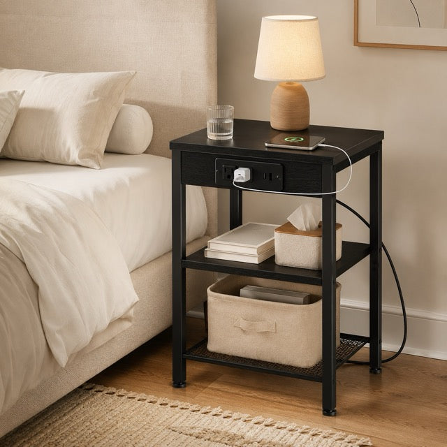15.7" Side Table with Charging Station – 3-Tier Adjustable Bedside Table with AC Outlets, USB & Type-C
