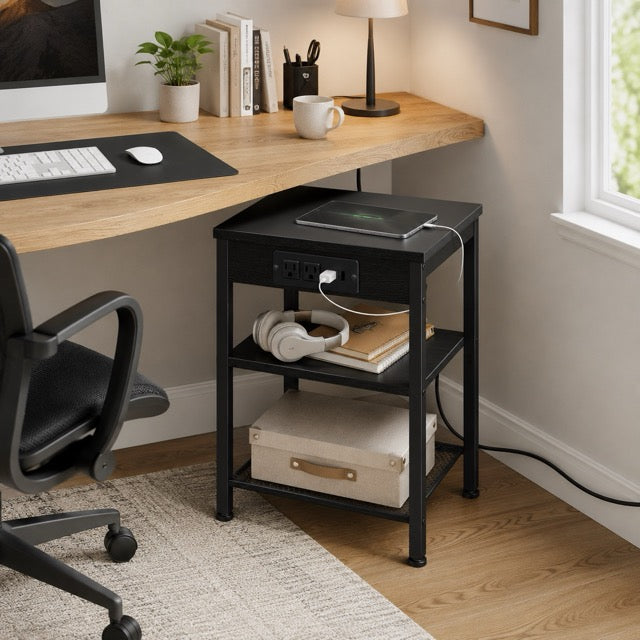 15.7" Side Table with Charging Station – 3-Tier Adjustable Bedside Table with AC Outlets, USB & Type-C