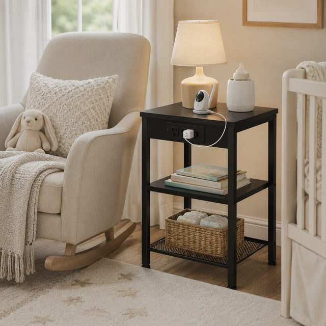 15.7" Side Table with Charging Station – 3-Tier Adjustable Bedside Table with AC Outlets, USB & Type-C