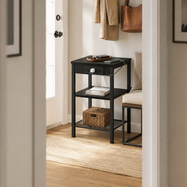 15.7" Side Table with Charging Station – 3-Tier Adjustable Bedside Table with AC Outlets, USB & Type-C