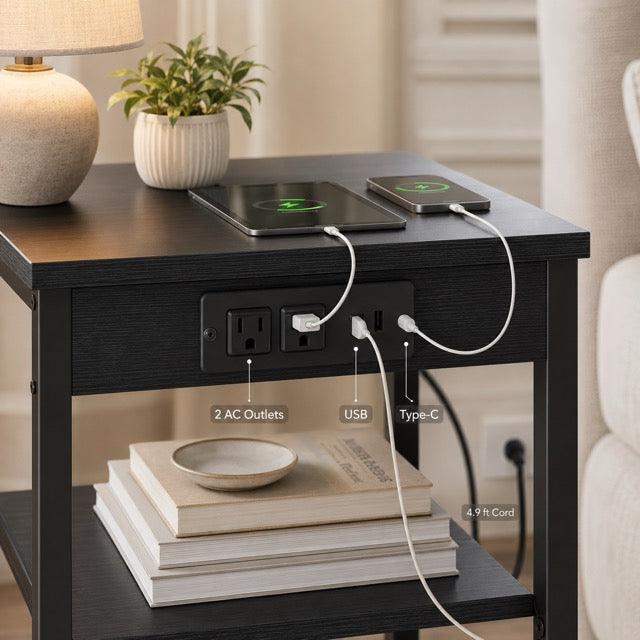 15.7" Side Table with Charging Station – 3-Tier Adjustable Bedside Table with AC Outlets, USB & Type-C