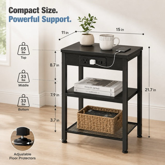 15.7" Side Table with Charging Station – 3-Tier Adjustable Bedside Table with AC Outlets, USB & Type-C