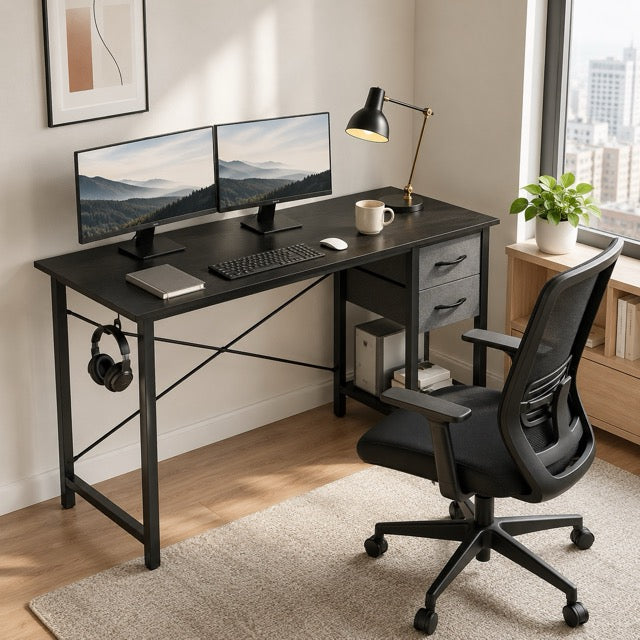 Computer Desk with Fabric Drawers & Side Hook – 47" Wooden Study & Home Office Desk