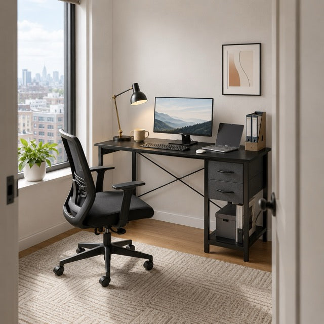 Computer Desk with Fabric Drawers & Side Hook – 47" Wooden Study & Home Office Desk