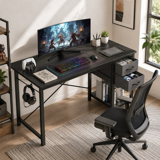 Computer Desk with Fabric Drawers & Side Hook – 47" Wooden Study & Home Office Desk