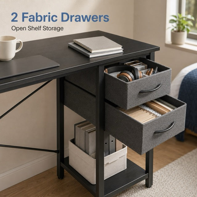 Computer Desk with Fabric Drawers & Side Hook – 47" Wooden Study & Home Office Desk