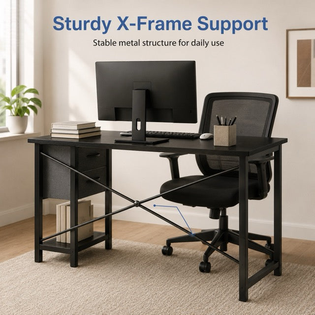 Computer Desk with Fabric Drawers & Side Hook – 47" Wooden Study & Home Office Desk